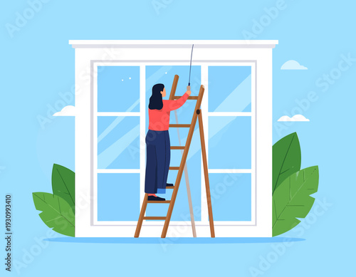 A woman standing on a wooden ladder, cleaning a large window with a long-handled squeegee, against a light blue sky.