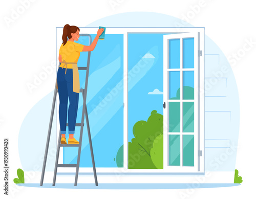 A woman on a ladder diligently cleaning a large window with a clear view of green trees and a blue sky.