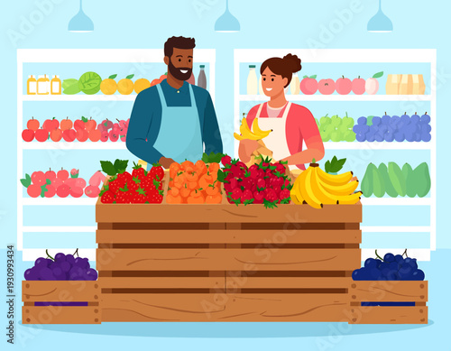 A friendly man and woman working at a vibrant fresh fruit stall in a grocery store or market, surrounded by colorful produce.