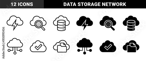 Cloud computing hybrid symbols featuring integrated lightning bolt database search glass network node check mark folder and chain link elements