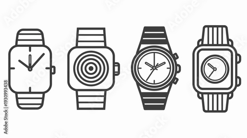 Four black and white illustrations of different analog timekeeping devices, each with a watch band
