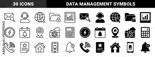 Hybrid business communication and data management signs featuring merged symbols like locked folders with magnifying mail and global navigation in outline and solid styles