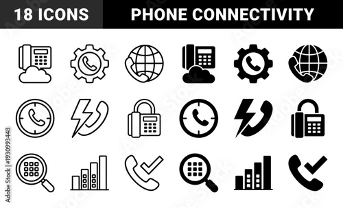Hybrid telecommunication interface symbols combining telephone handsets with cloud storage gear wheels global connectivity clock timers and battery power status