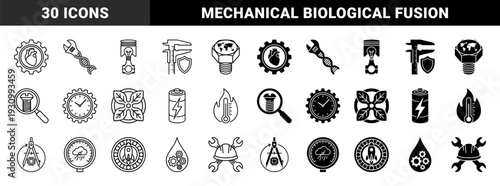 Hybrid engineering and bioscience symbols merging mechanical gears with human organs dna strands and industrial tools for biotechnology and technical innovation