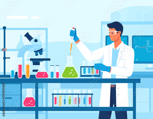 A scientist working in a laboratory, conducting an experiment with various chemical solutions and equipment.