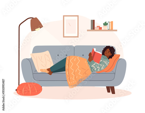 A cozy illustration of a woman relaxing on a sofa, reading a book under a blanket in a comfortable living room setting.
