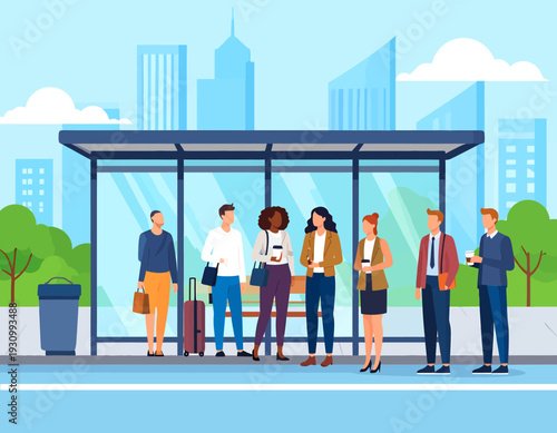 Diverse people waiting at a modern bus stop in a city with buildings and trees in the background.