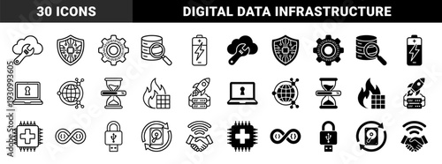 Black and white hybrid technology icons featuring fused symbols like cloud wrench database magnifying glass and shield circuit board in outline and solid styles