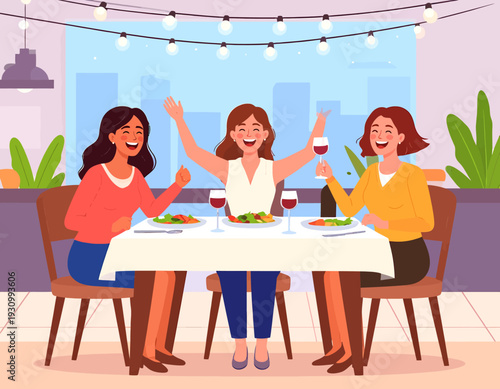 Three happy women friends enjoying a celebratory dinner with wine at a restaurant.