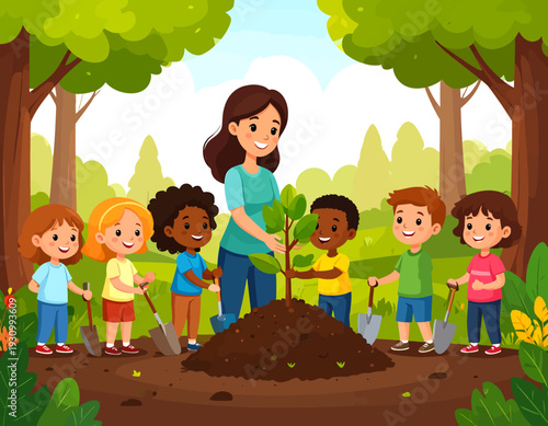 A teacher or volunteer planting a young tree with a group of diverse children in a park. Concept of environmental education and community.