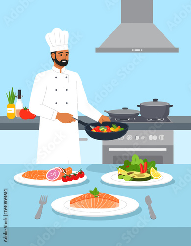 A male chef in a professional kitchen preparing healthy meals, including salmon and fresh vegetables, showcasing culinary expertise.