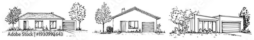 Collection of three modern suburban house sketches with minimalist architectural design