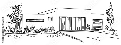 Modern minimalist house architecture sketch with large glass windows and garage