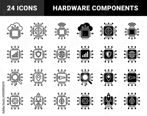 Integrated circuit microchip symbols merging hardware components with cloud computing artificial intelligence data security and networking connectivity metaphors