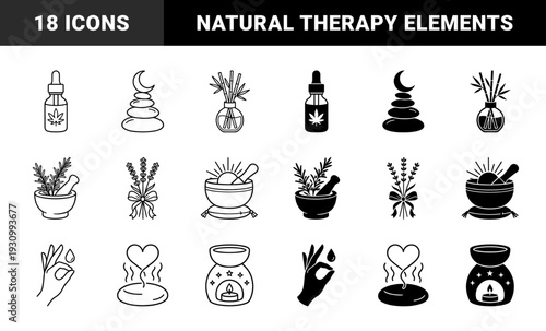 Holistic Wellness and Natural Therapy Icons Featuring Herbal Medicine Mortar Zen Stones Lavender Aromatherapy and Cannabis Oil Dropper