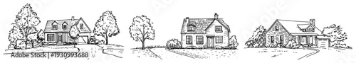 Set of three traditional suburban cottage sketches with trees and pathways