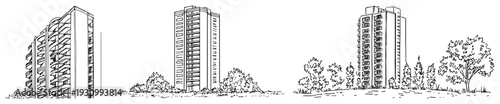 Series of residential high rise buildings and apartment towers in hand drawn doodle style