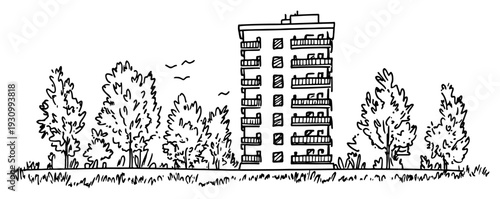 Hand drawn illustration of a tall apartment block building surrounded by trees and birds