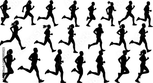 Run, set of running people, isolated vector silhouettes. Group of men and women runners