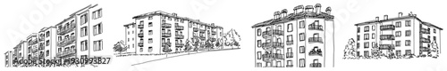 Collection of multi family residential apartment buildings and suburban housing complex sketches