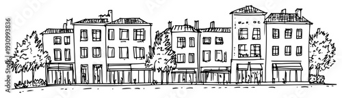 Panoramic sketch of a European town street with traditional architecture and shops