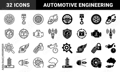 Automotive performance and diagnostic symbols merging mechanical parts with monitoring data including turbo wings spark signals and hybrid energy power