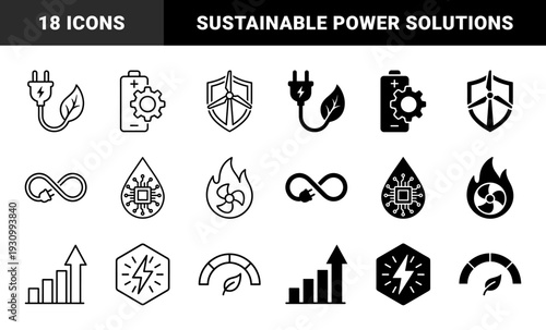 Sustainable energy and eco technology hybrid icons featuring wind turbine shields solar powered houses electric plug leaves and battery gears