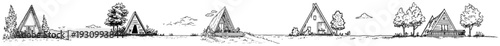 Hand drawn sketch of A-frame cabins and tiny houses in a nature landscape setting