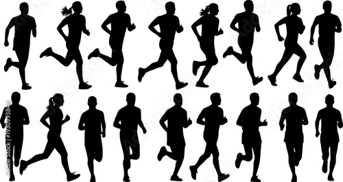 Run, set of running people, isolated vector silhouettes. Group of men and women runners