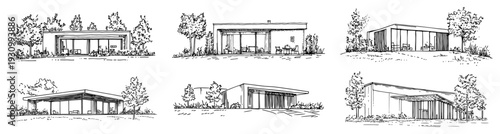 Collection of modern minimalist villa sketches with luxury architectural design and glass facades