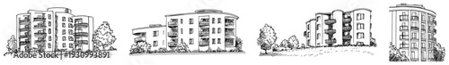 Set of modern apartment building sketches with contemporary residential architectural design