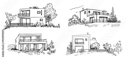 Hand drawn sketches of modern luxury villas and contemporary residential architecture with terraces