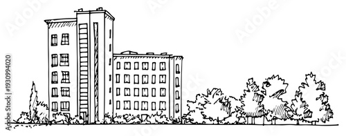 Architectural sketch of a tall residential apartment building located next to a green park landscape