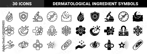 Skincare ingredient and dermatological science hybrid symbols featuring botanical extracts molecular structures sun protection and cellular repair concepts