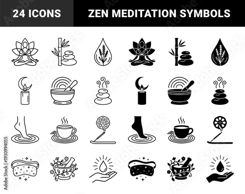 Wellness and Mindfulness Hybrid Symbols Featuring Zen Lotus Meditation Figures Moon Candles Mortar Herbs and Aromatherapy Stones in Line and Solid Styles