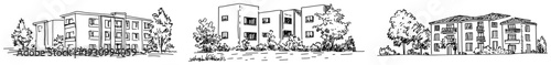 Sketches of low rise modern apartment complexes and suburban residential housing architecture