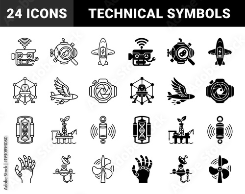 Hybrid industrial technology and scientific research symbols featuring robotic machinery biotechnology exploration tools and renewable energy concepts