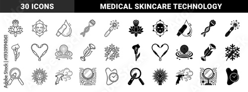 Skincare technology and medical aesthetic icons merging organic floral elements with advanced dermatological equipment and biotechnological symbols