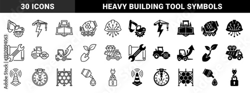 Construction machinery and engineering symbols merged with abstract concepts featuring excavator with gear bulldozer blade and crane lightning bolt for industrial innovation