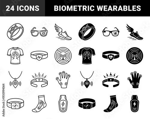 Biometric wearable technology icons featuring hybrid physiological sensors including genetic rings respiratory shirts heart rate monitors and haptic feedback gloves
