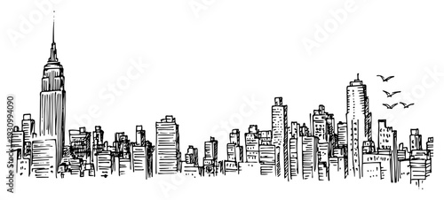 Hand drawn architectural sketch of a busy city skyline with skyscrapers and tall office towers
