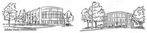 Minimalist sketches of modern office buildings and contemporary commercial architecture with glass facades