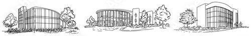 Collection of contemporary office building exterior sketches with curved glass walls and trees