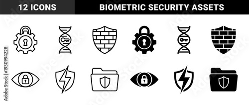 Biometric data security and digital privacy protection symbols featuring hybrid combinations of dna helix gear shield and eye elements in outline and solid styles