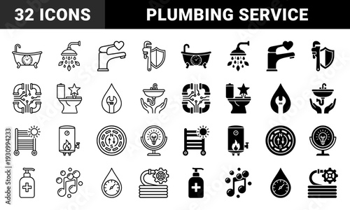 Plumbing and Sanitary Maintenance Symbols Combining Service Tools with Bathroom Fixtures Like Bathtubs Showers Sinks and Water Heating Systems