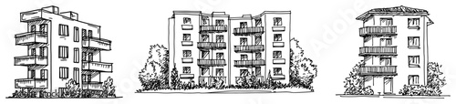 Set of three architectural hand drawn sketches of residential blocks with balconies