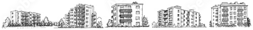 Collection of hand drawn architectural sketches of various residential apartment buildings