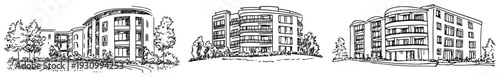 Hand drawn sketches of modern curved architecture residential buildings with rounded balconies