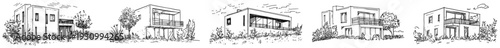 Collection of minimalist modern house sketches with flat roofs and contemporary design