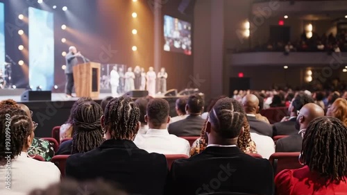 Audience Attending a Conference or Church Service with Speaker on Stage